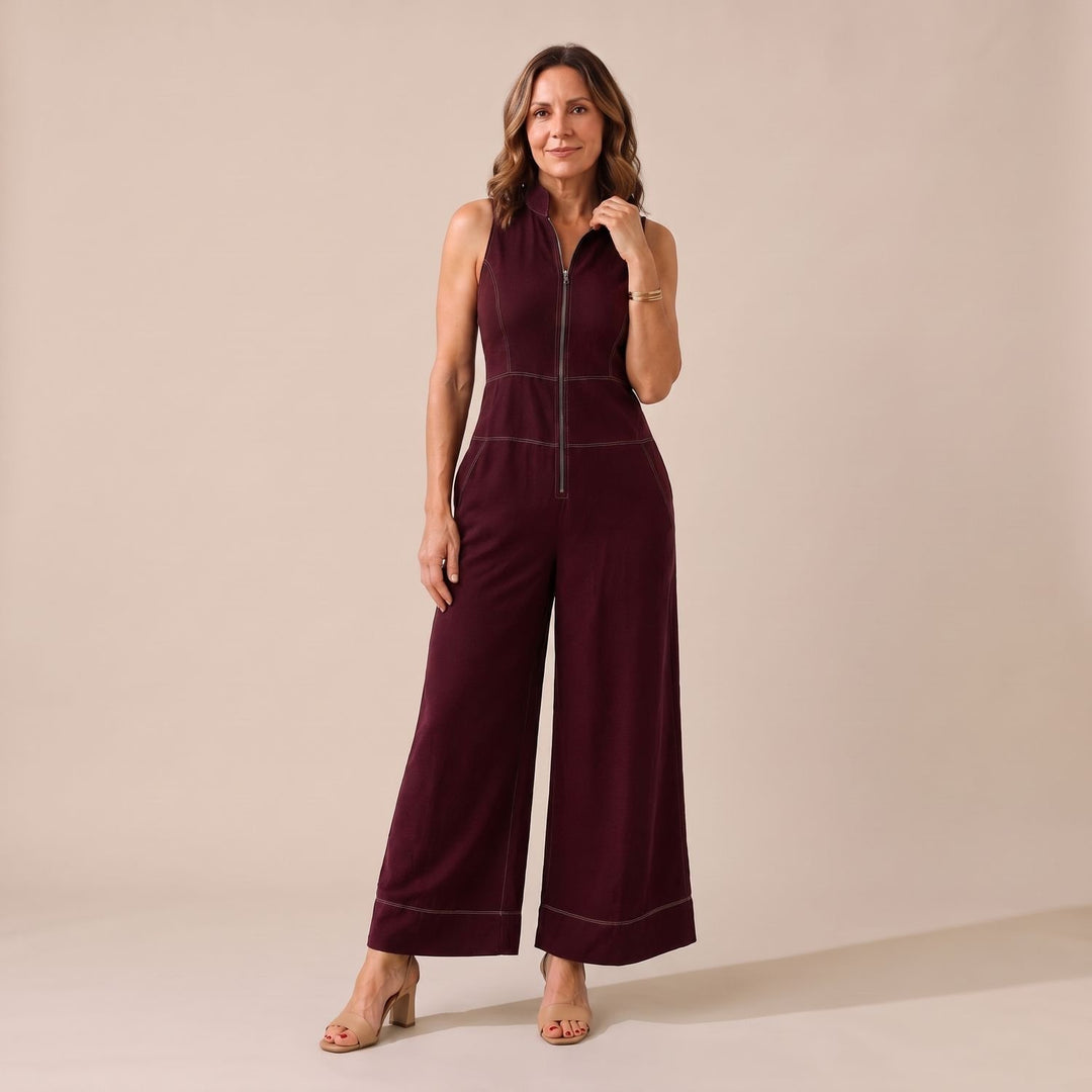 Damen Jumpsuit Elegant Ärmellos Weites Bein Reißverschluss - Burgunderrot