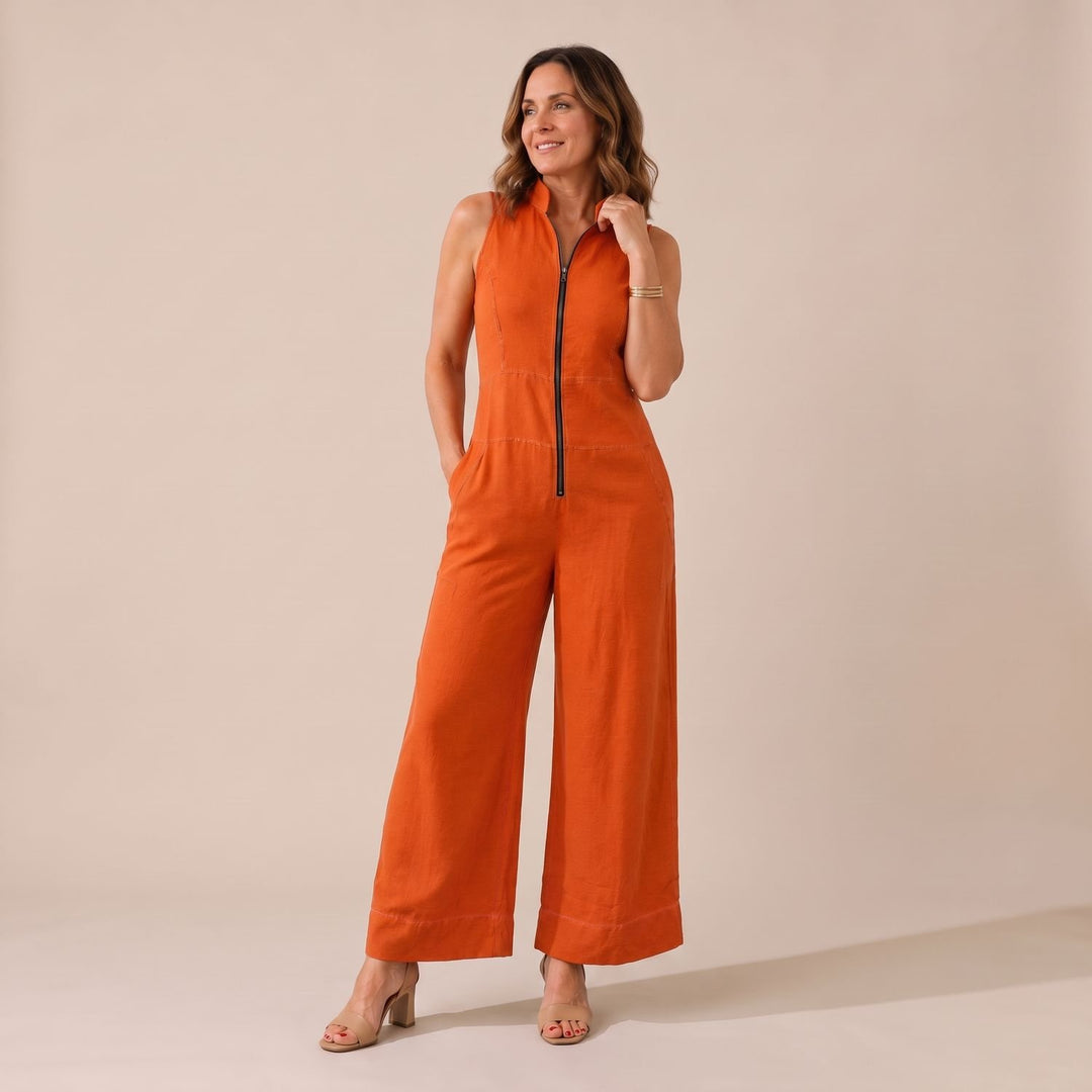 Damen Jumpsuit Elegant Ärmellos Weites Bein Reißverschluss - Orange