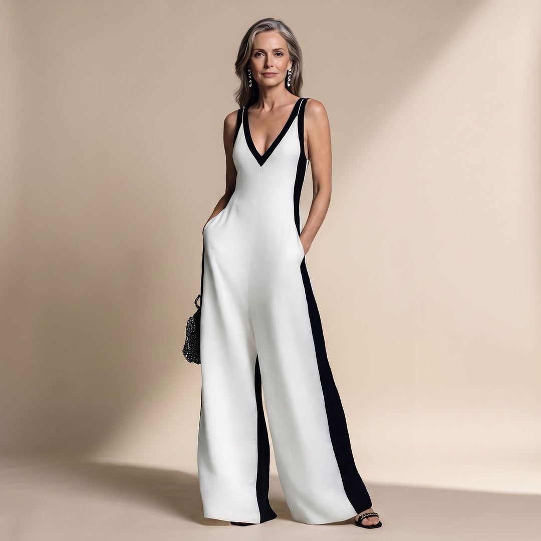 Damen Jumpsuit Elegant Weites Bein Tiefer V-Ausschnitt Kontraststreifen