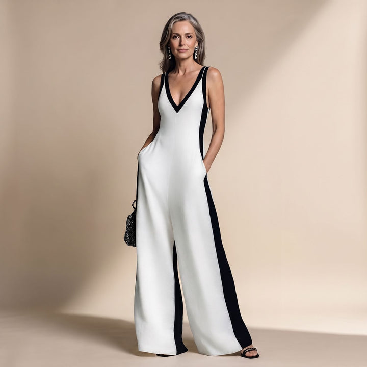 Damen Jumpsuit Elegant Weites Bein Tiefer V-Ausschnitt Kontraststreifen