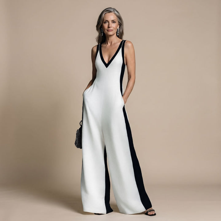 Damen Jumpsuit Elegant Weites Bein Tiefer V-Ausschnitt Kontraststreifen