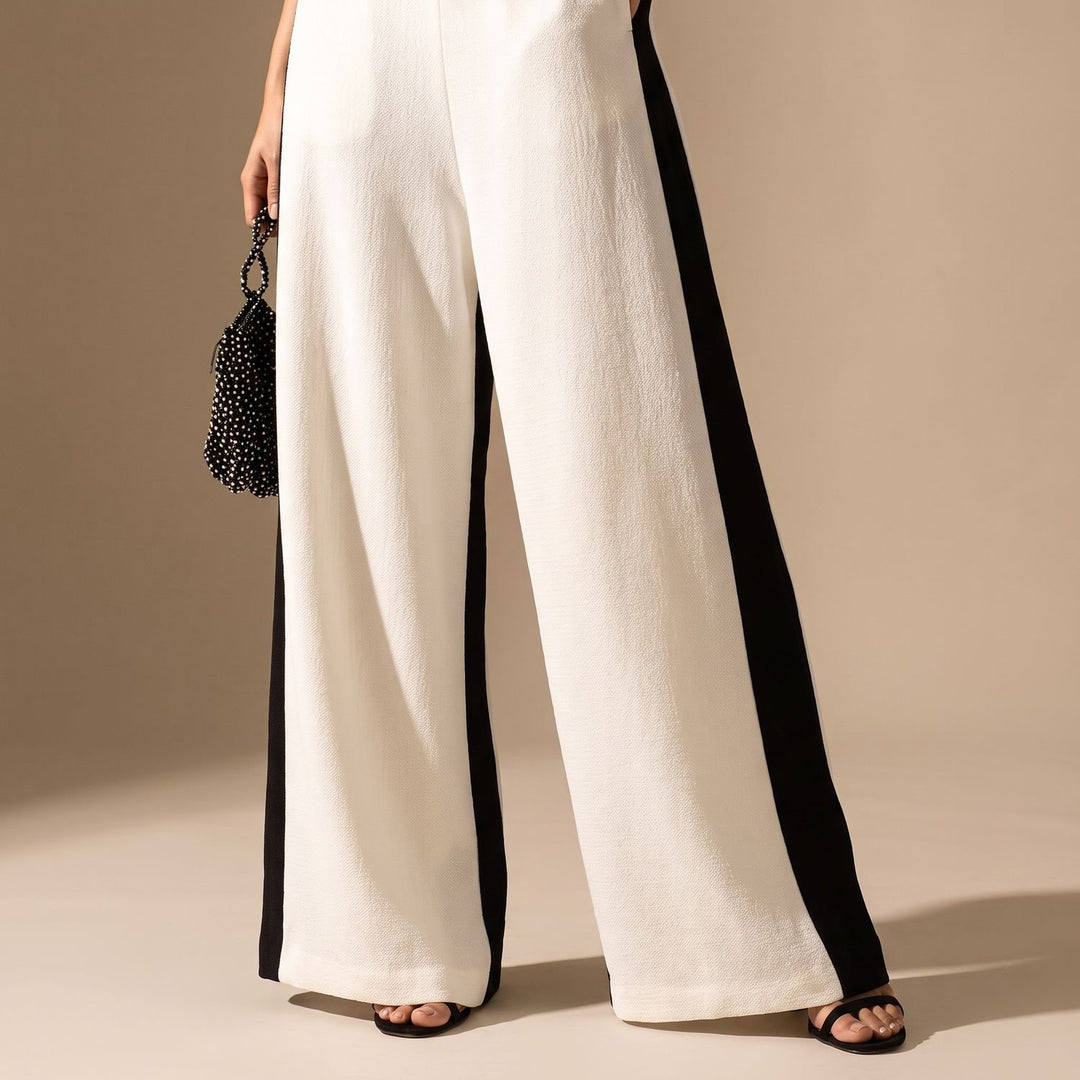 Damen Jumpsuit Elegant Weites Bein Tiefer V-Ausschnitt Kontraststreifen