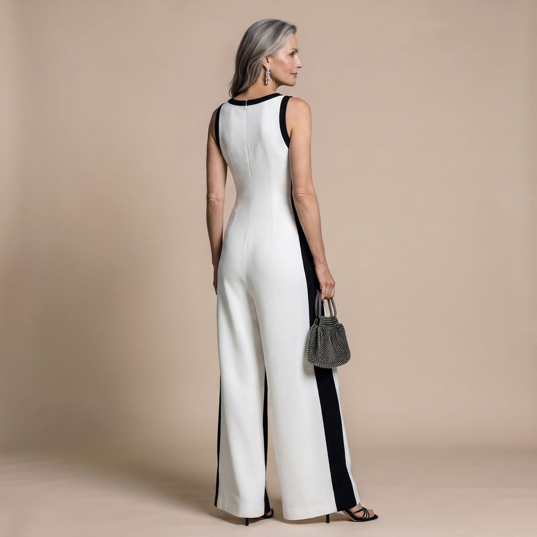 Damen Jumpsuit Elegant Weites Bein Tiefer V-Ausschnitt Kontraststreifen