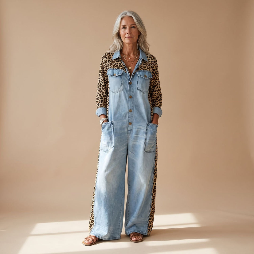Damen Jumpsuit eleganter Denim-Overall mit Leopardenmuster - Blau