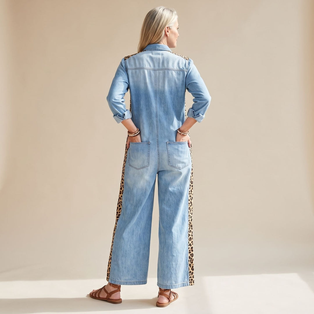 Damen Jumpsuit eleganter Denim-Overall mit Leopardenmuster