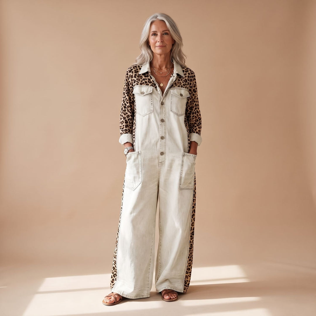 Damen Jumpsuit eleganter Denim-Overall mit Leopardenmuster - Weiß