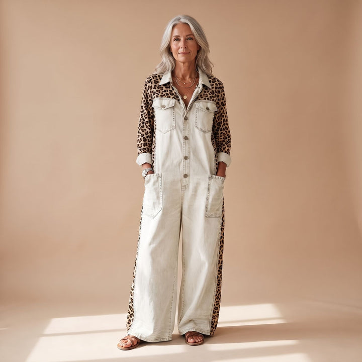 Damen Jumpsuit eleganter Denim-Overall mit Leopardenmuster - Weiß