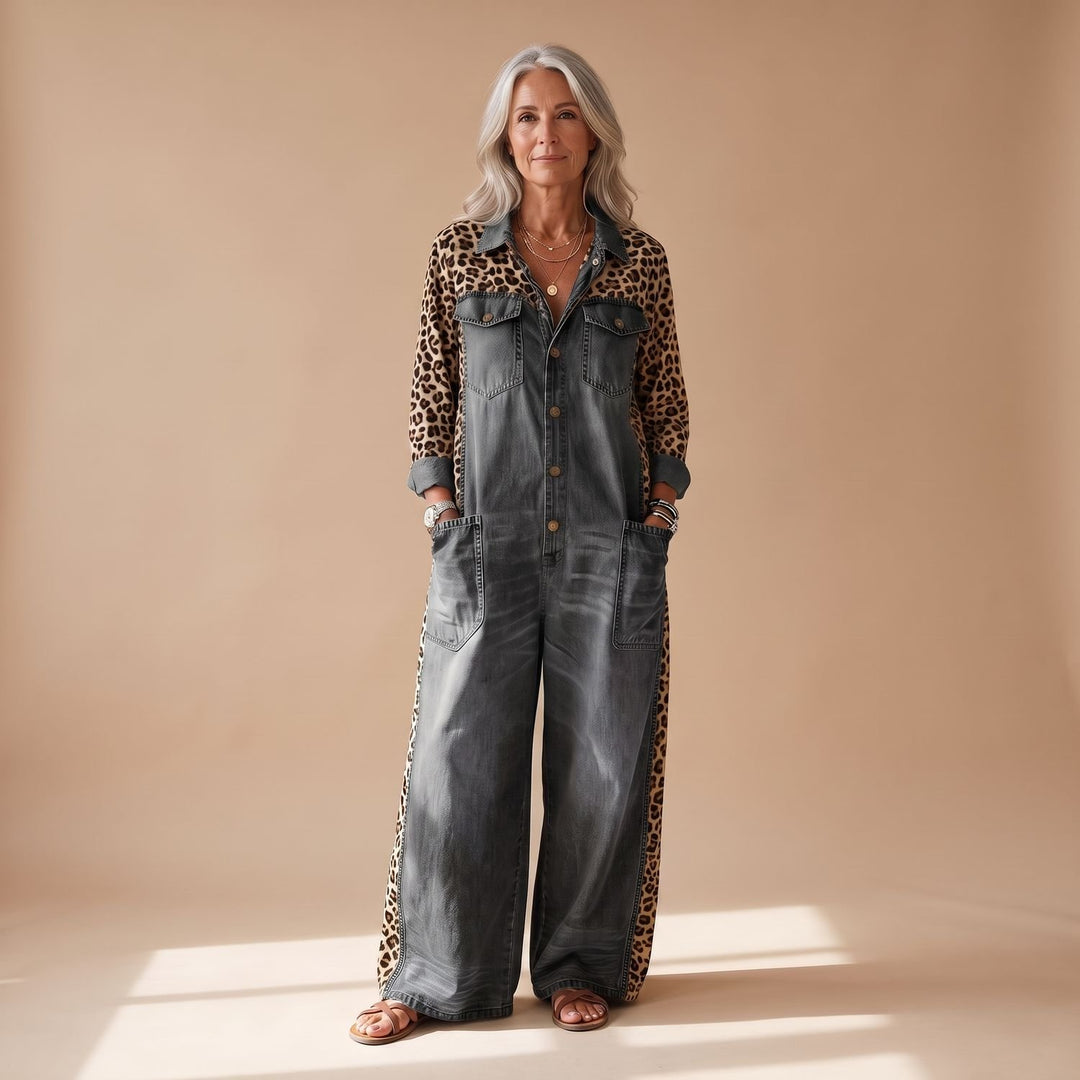 Damen Jumpsuit eleganter Denim-Overall mit Leopardenmuster - Schwarz