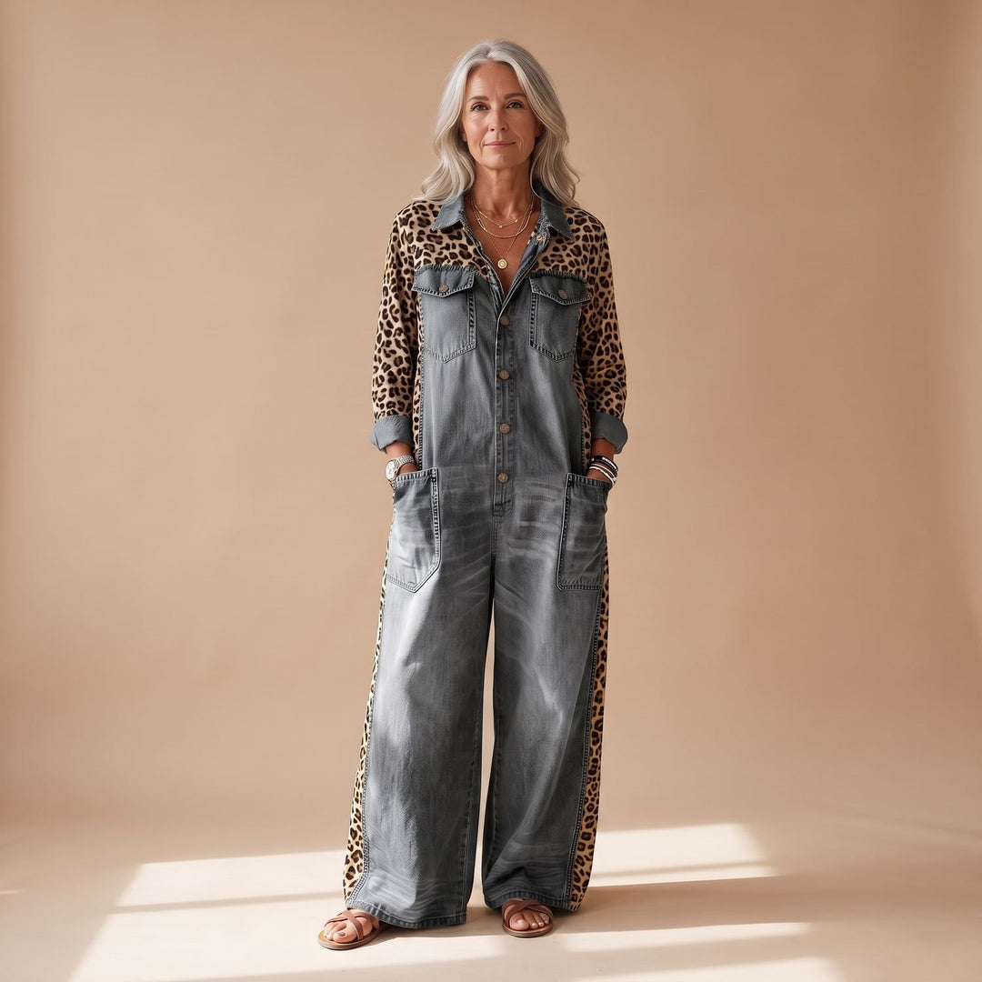 Damen Jumpsuit eleganter Denim-Overall mit Leopardenmuster - Grau