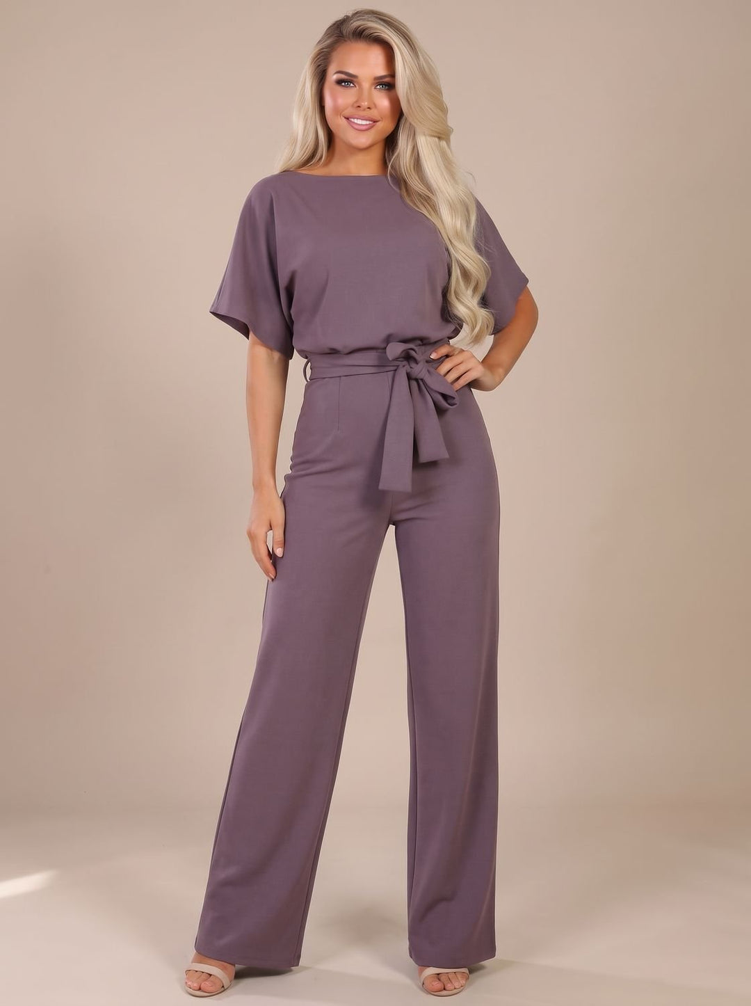 Damen Jumpsuit mit Bindegürtel und weitem Bein - Lila