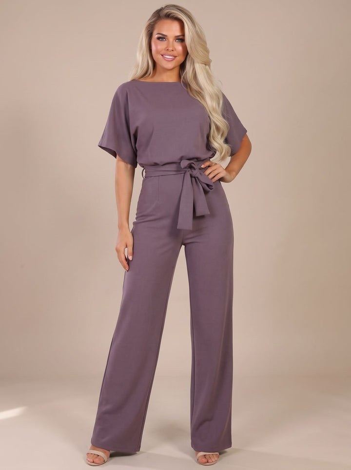 Damen Jumpsuit mit Bindegürtel und weitem Bein - Lila