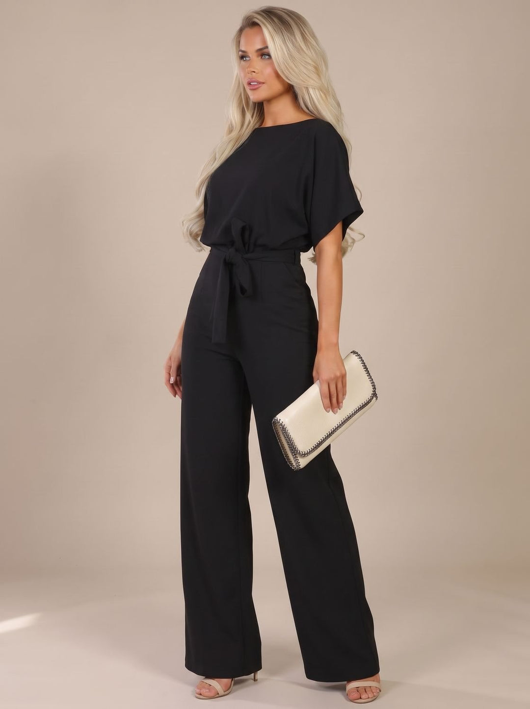 Damen Jumpsuit mit Bindegürtel und weitem Bein