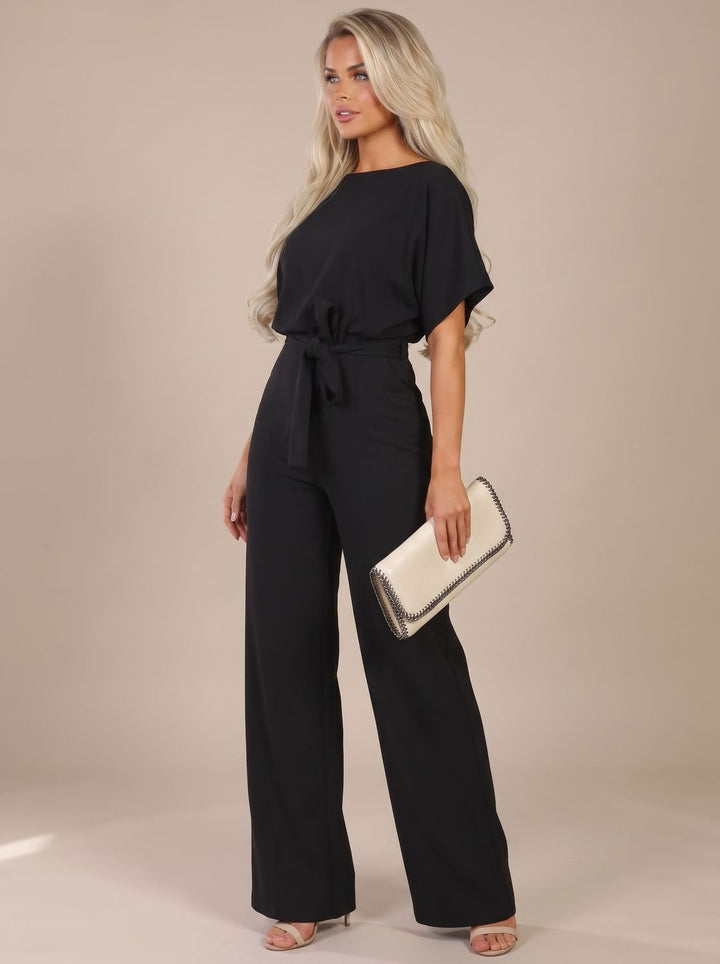 Damen Jumpsuit mit Bindegürtel und weitem Bein