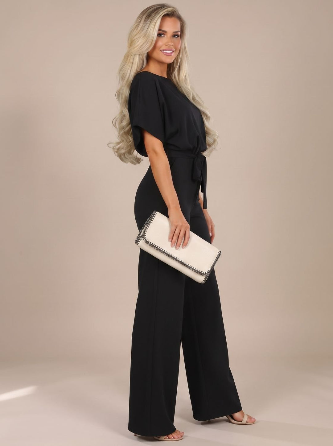 Damen Jumpsuit mit Bindegürtel und weitem Bein