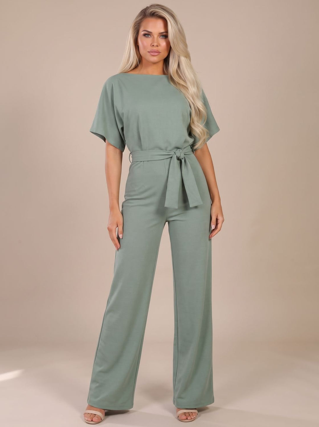Damen Jumpsuit mit Bindegürtel und weitem Bein - Grün