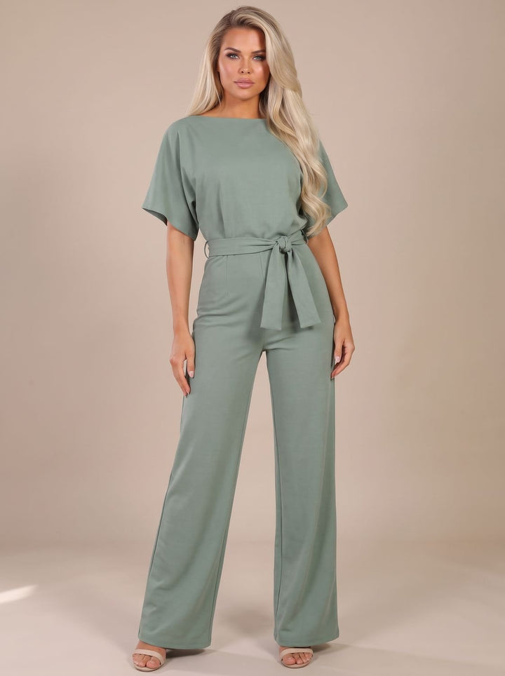 Damen Jumpsuit mit Bindegürtel und weitem Bein - Grün