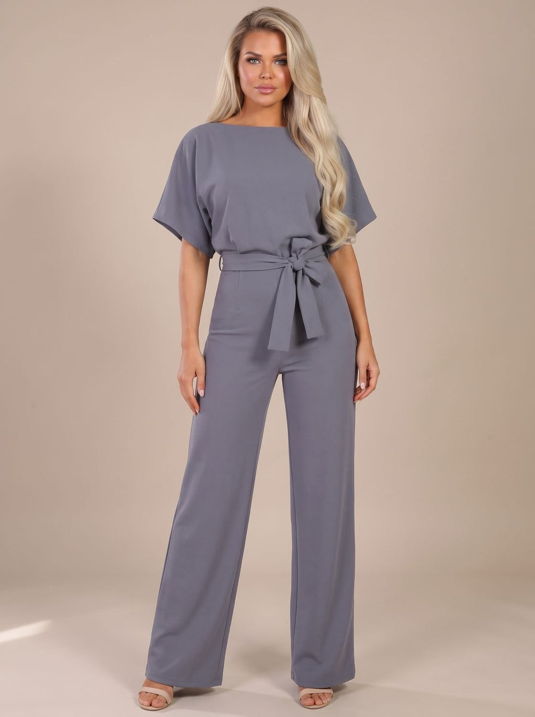 Damen Jumpsuit mit Bindegürtel und weitem Bein - Grau