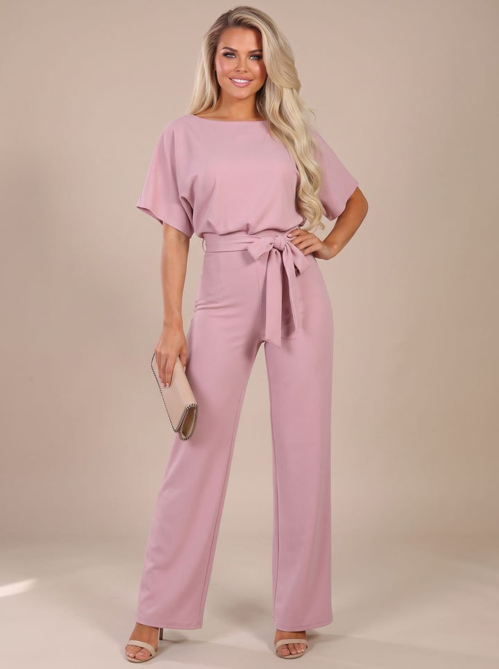 Damen Jumpsuit mit Bindegürtel und weitem Bein - Rosa