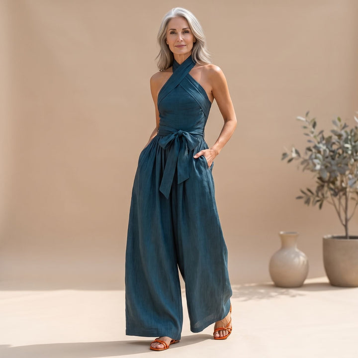 Damen Jumpsuit Weites Bein Crossover-Neckholder Bindegürtel