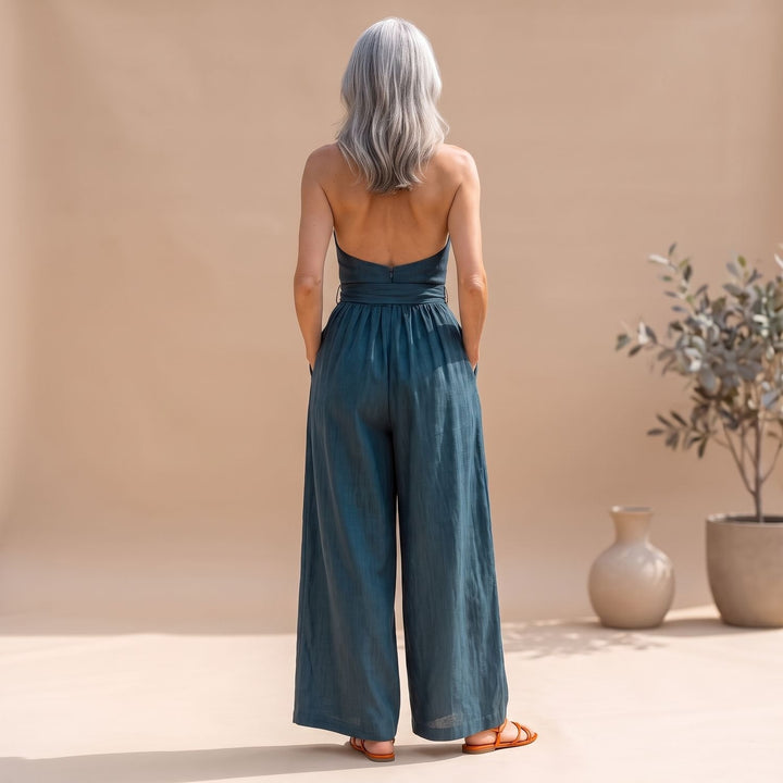 Damen Jumpsuit Weites Bein Crossover-Neckholder Bindegürtel
