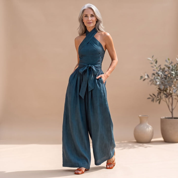 Damen Jumpsuit Weites Bein Crossover-Neckholder Bindegürtel
