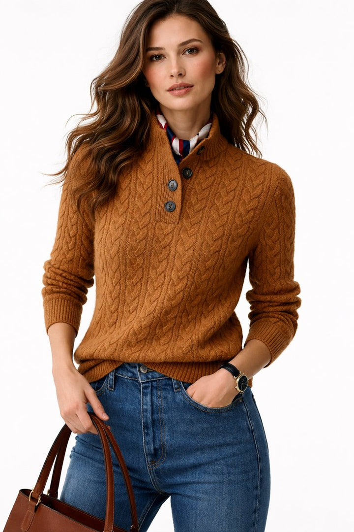Damen Kabelstrick Wollmix Rollkragen Sweater mit Knopfleiste - Brown