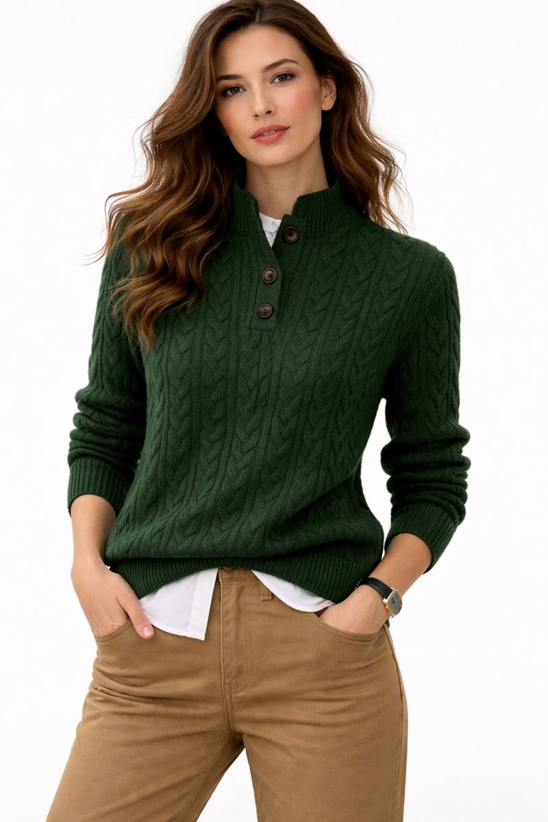 Damen Kabelstrick Wollmix Rollkragen Sweater mit Knopfleiste - Green