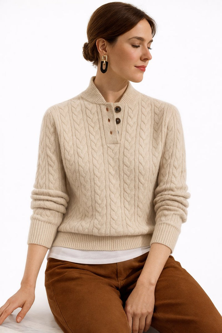 Damen Kabelstrick Wollmix Rollkragen Sweater mit Knopfleiste - Khaki