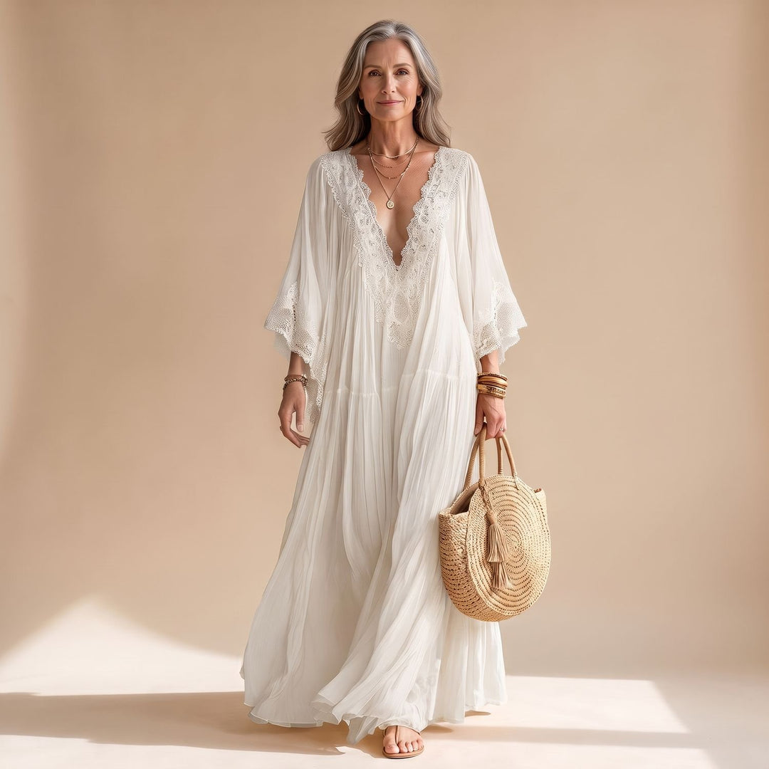 Damen Kaftan Maxikleid mit Spitzenbesatz tiefem V-Ausschnitt und Rüschen - Weiß