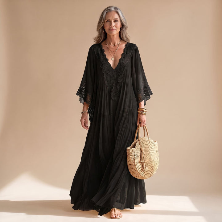 Damen Kaftan Maxikleid mit Spitzenbesatz tiefem V-Ausschnitt und Rüschen - Schwarz