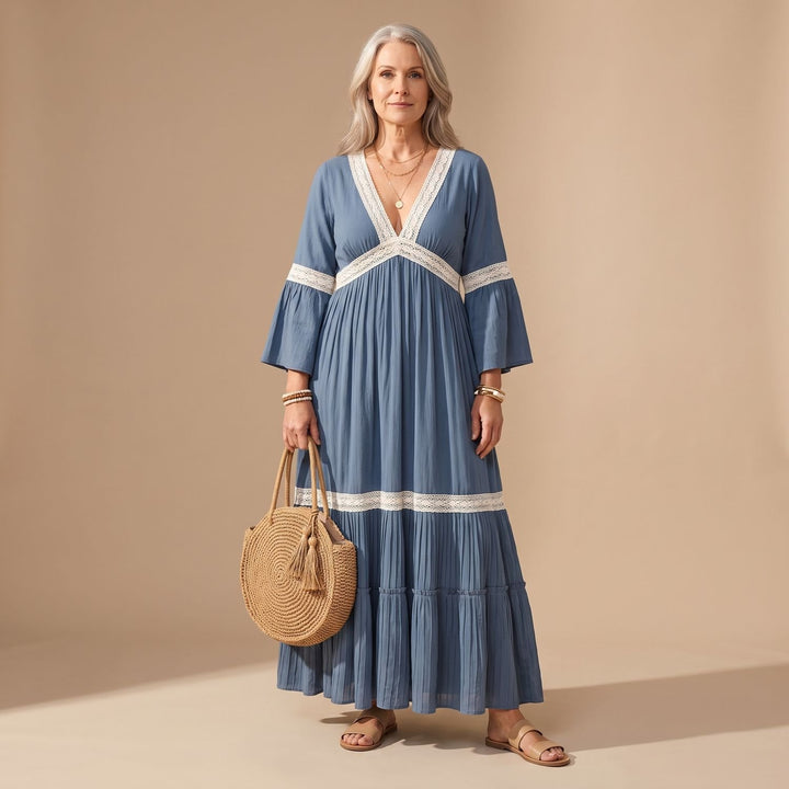 Damen Kaftan Maxikleid mit Spitzenbesatz tiefem V-Ausschnitt und Rüschen - Blau