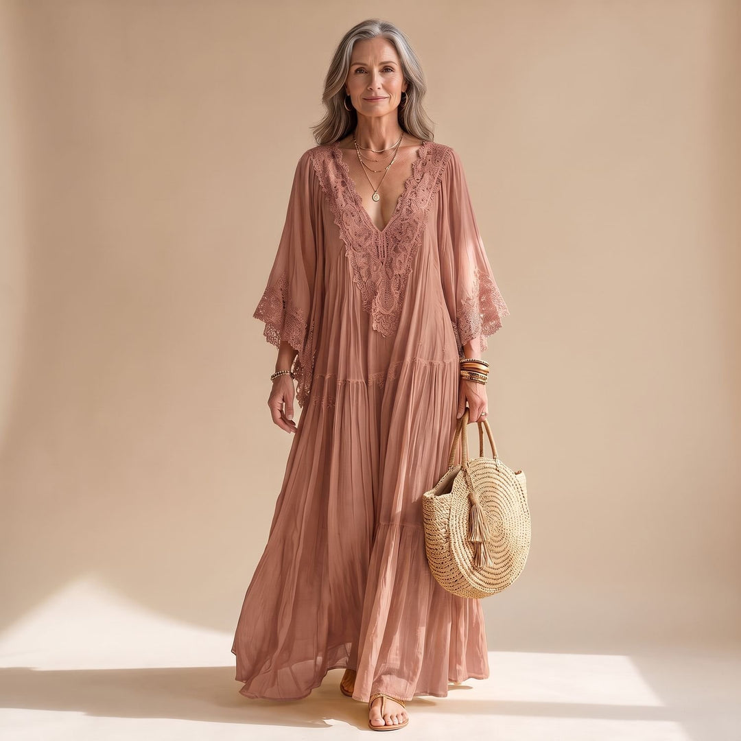 Damen Kaftan Maxikleid mit Spitzenbesatz tiefem V-Ausschnitt und Rüschen - Rosa