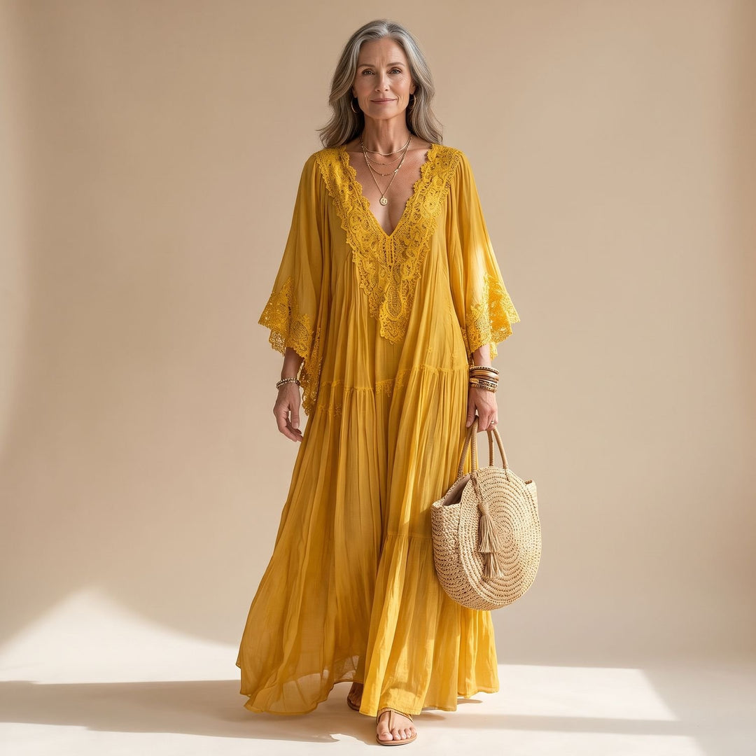 Damen Kaftan Maxikleid mit Spitzenbesatz tiefem V-Ausschnitt und Rüschen - Gelb