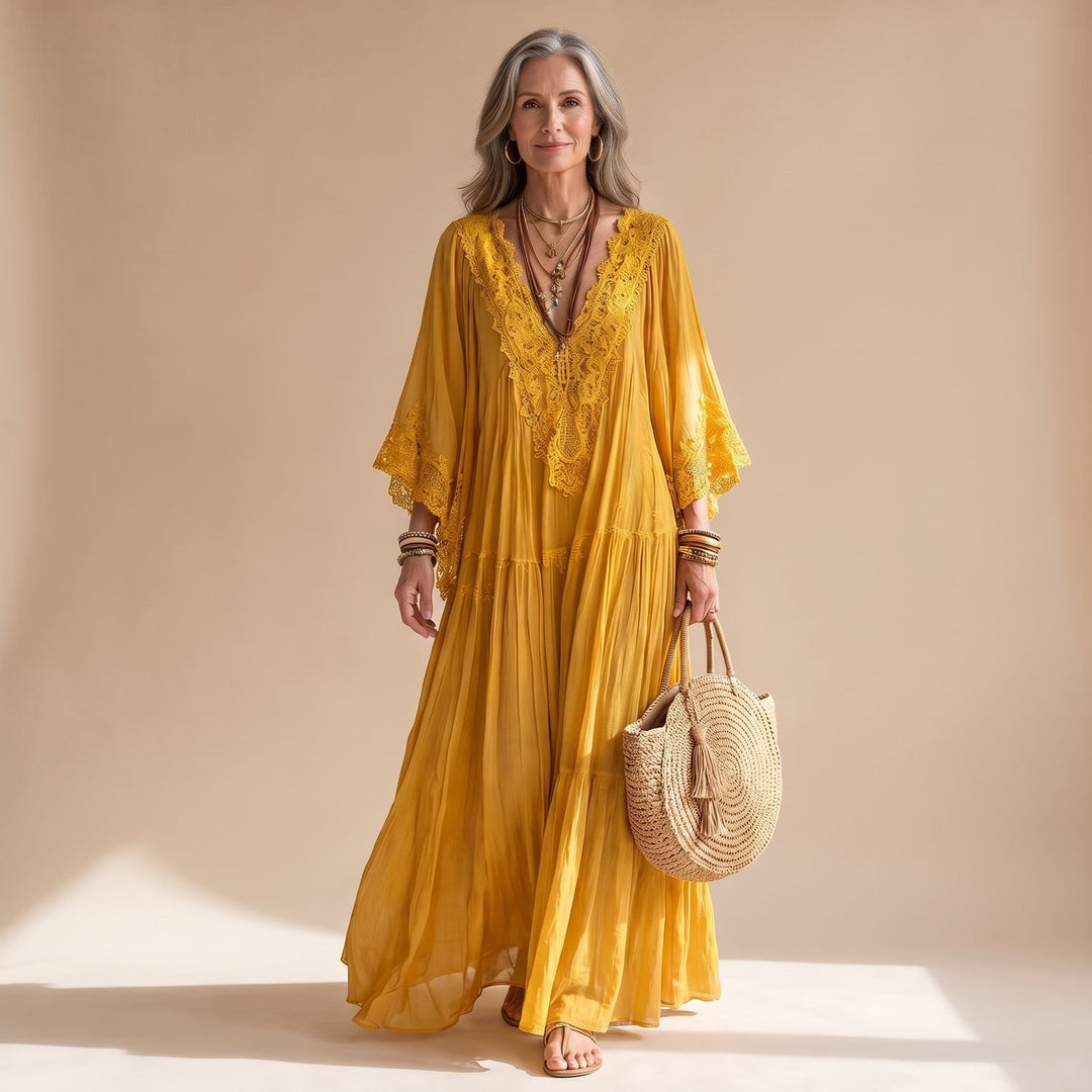 Damen Kaftan Maxikleid mit Spitzenbesatz tiefem V-Ausschnitt und Rüschen