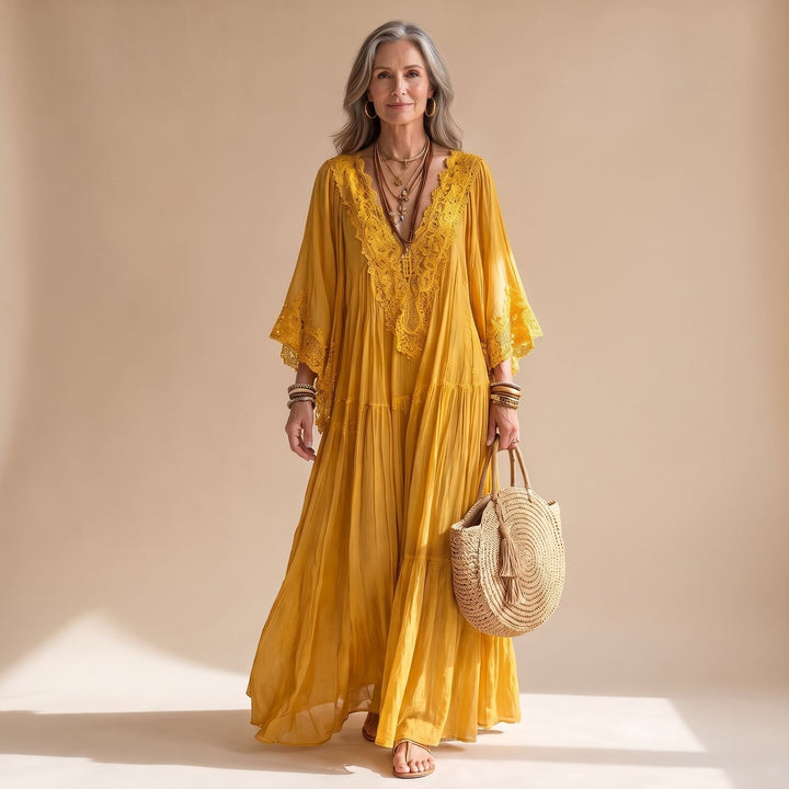 Damen Kaftan Maxikleid mit Spitzenbesatz tiefem V-Ausschnitt und Rüschen