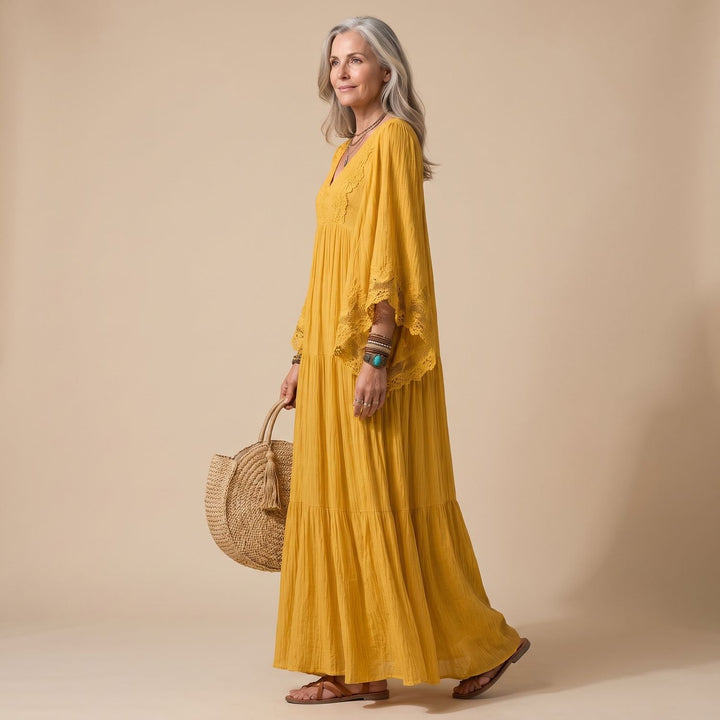 Damen Kaftan Maxikleid mit Spitzenbesatz tiefem V-Ausschnitt und Rüschen