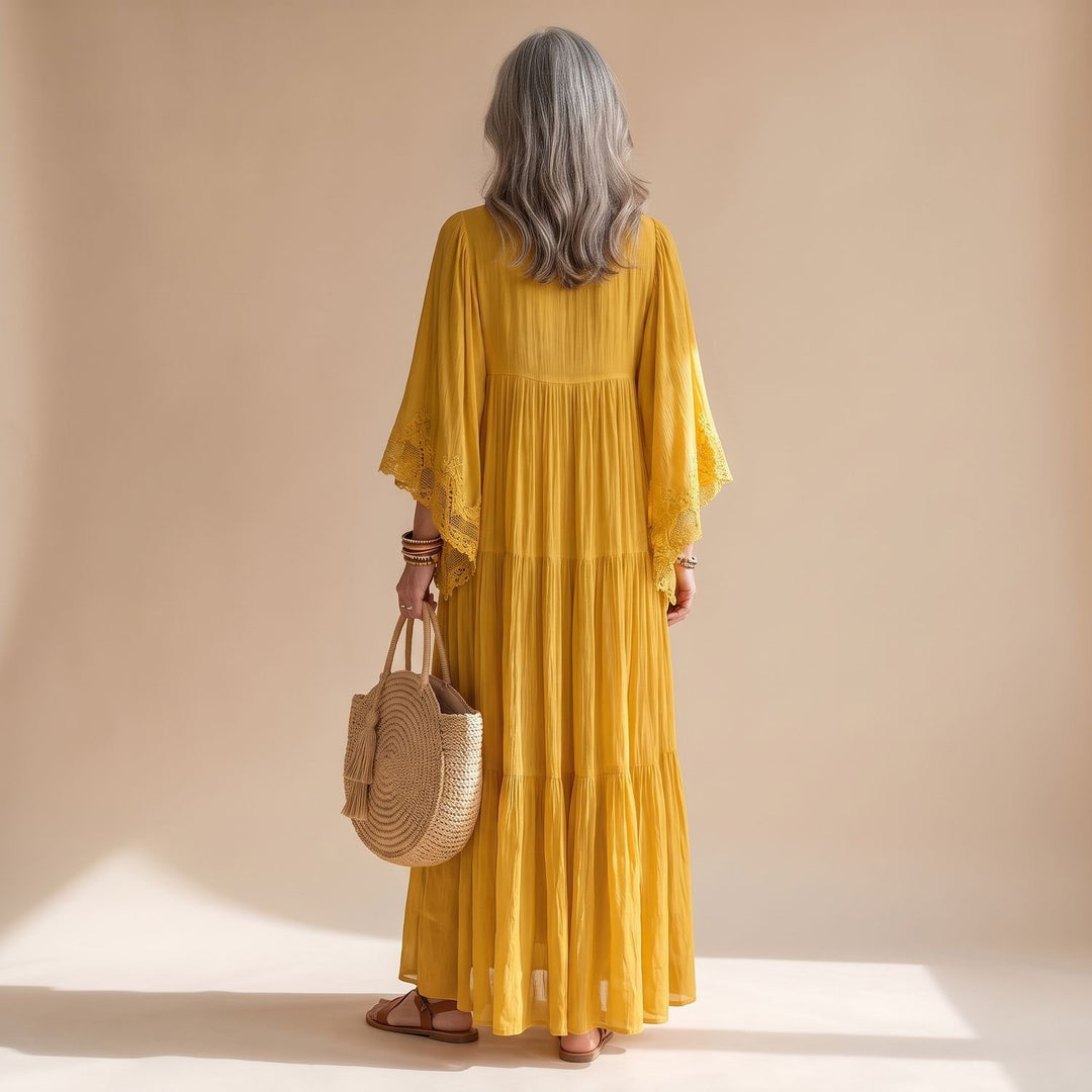Damen Kaftan Maxikleid mit Spitzenbesatz tiefem V-Ausschnitt und Rüschen