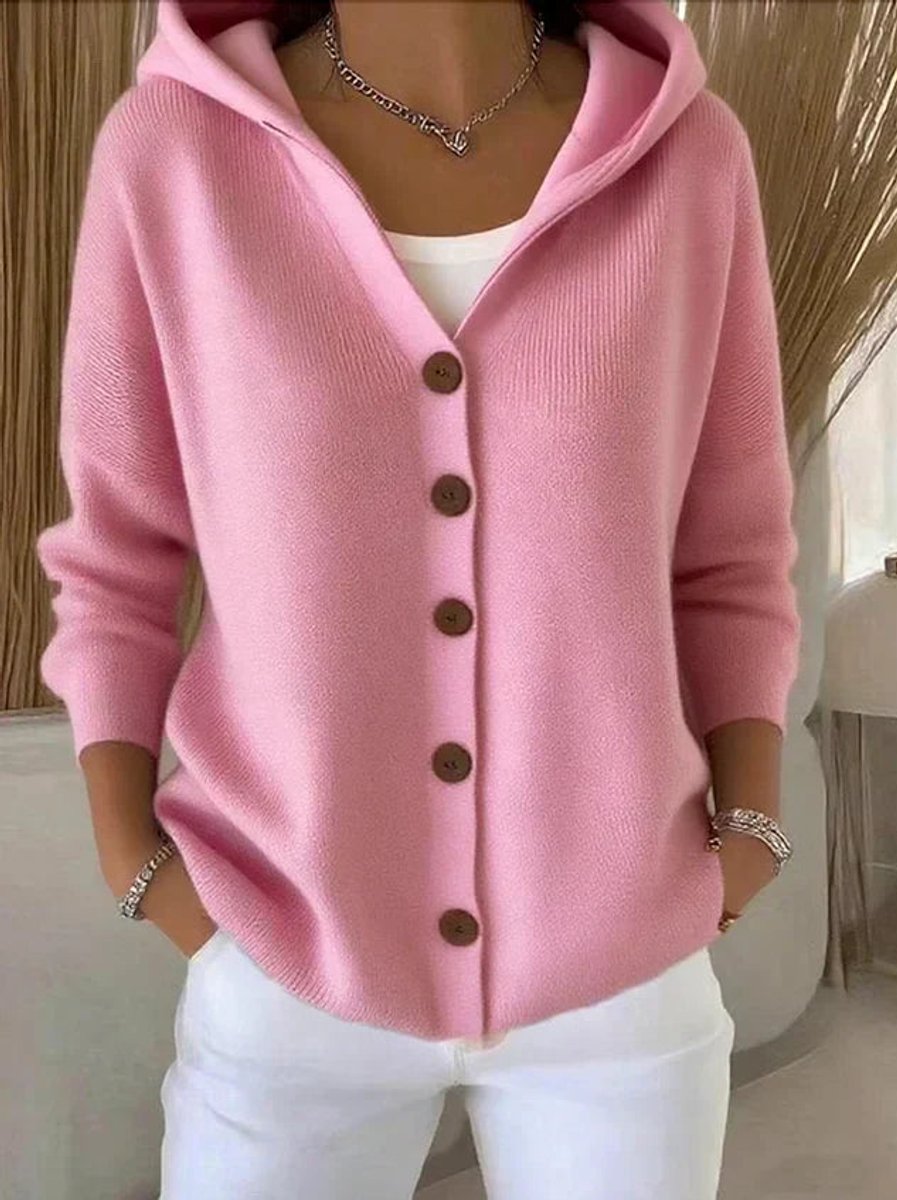Damen Kapuzen-Cardigan mit Knopfleiste Relaxed Fit Langarm - Pink