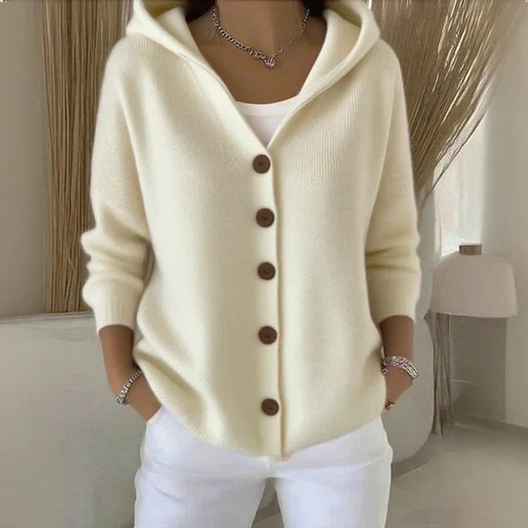 Damen Kapuzen-Cardigan mit Knopfleiste Relaxed Fit Langarm - Beige