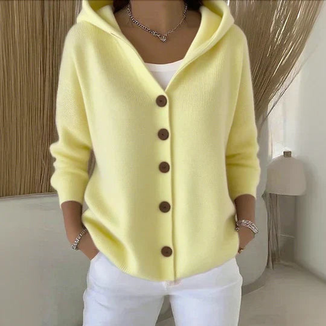 Damen Kapuzen-Cardigan mit Knopfleiste Relaxed Fit Langarm - Yellow