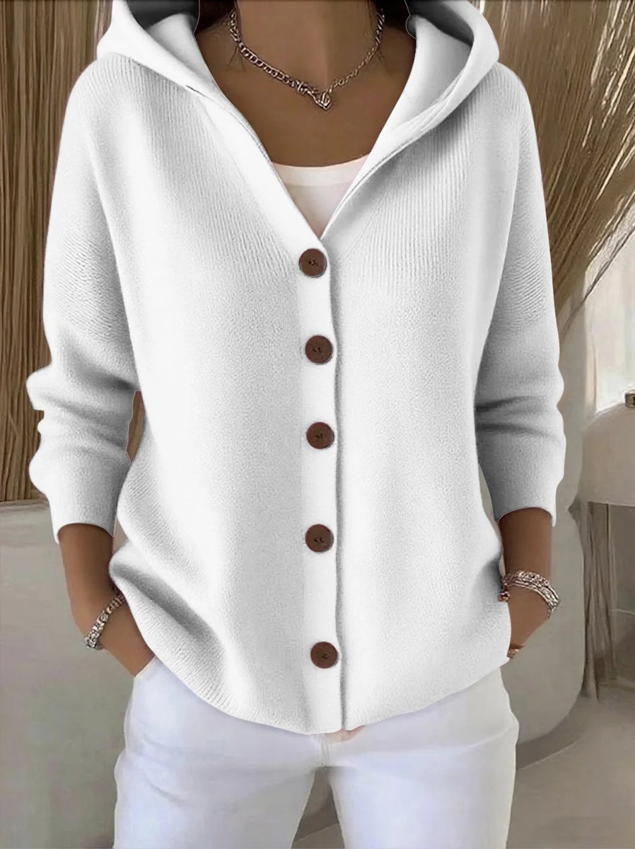 Damen Kapuzen-Cardigan mit Knopfleiste Relaxed Fit Langarm - White