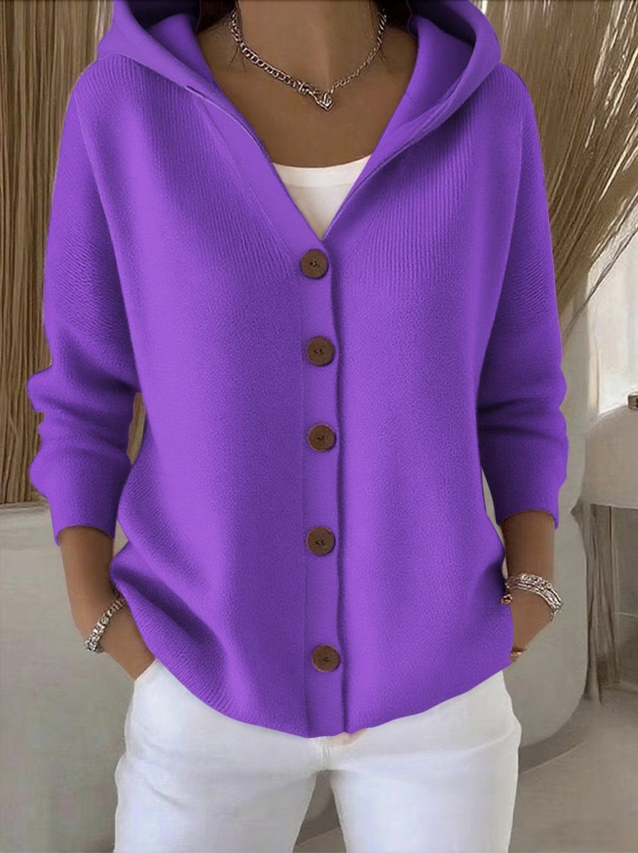 Damen Kapuzen-Cardigan mit Knopfleiste Relaxed Fit Langarm - Purple