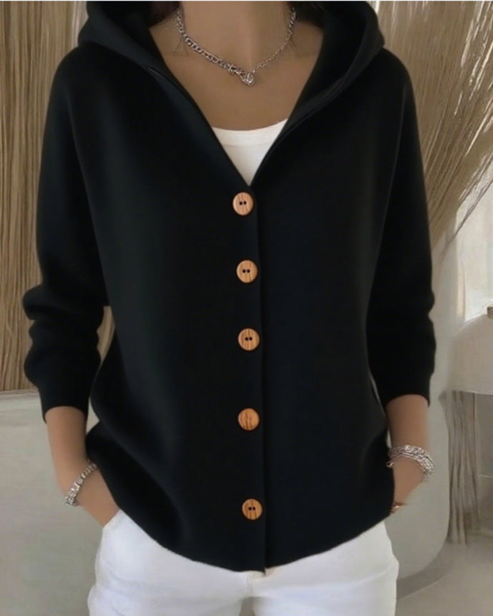 Damen Kapuzen-Cardigan mit Knopfleiste Relaxed Fit Langarm - Black