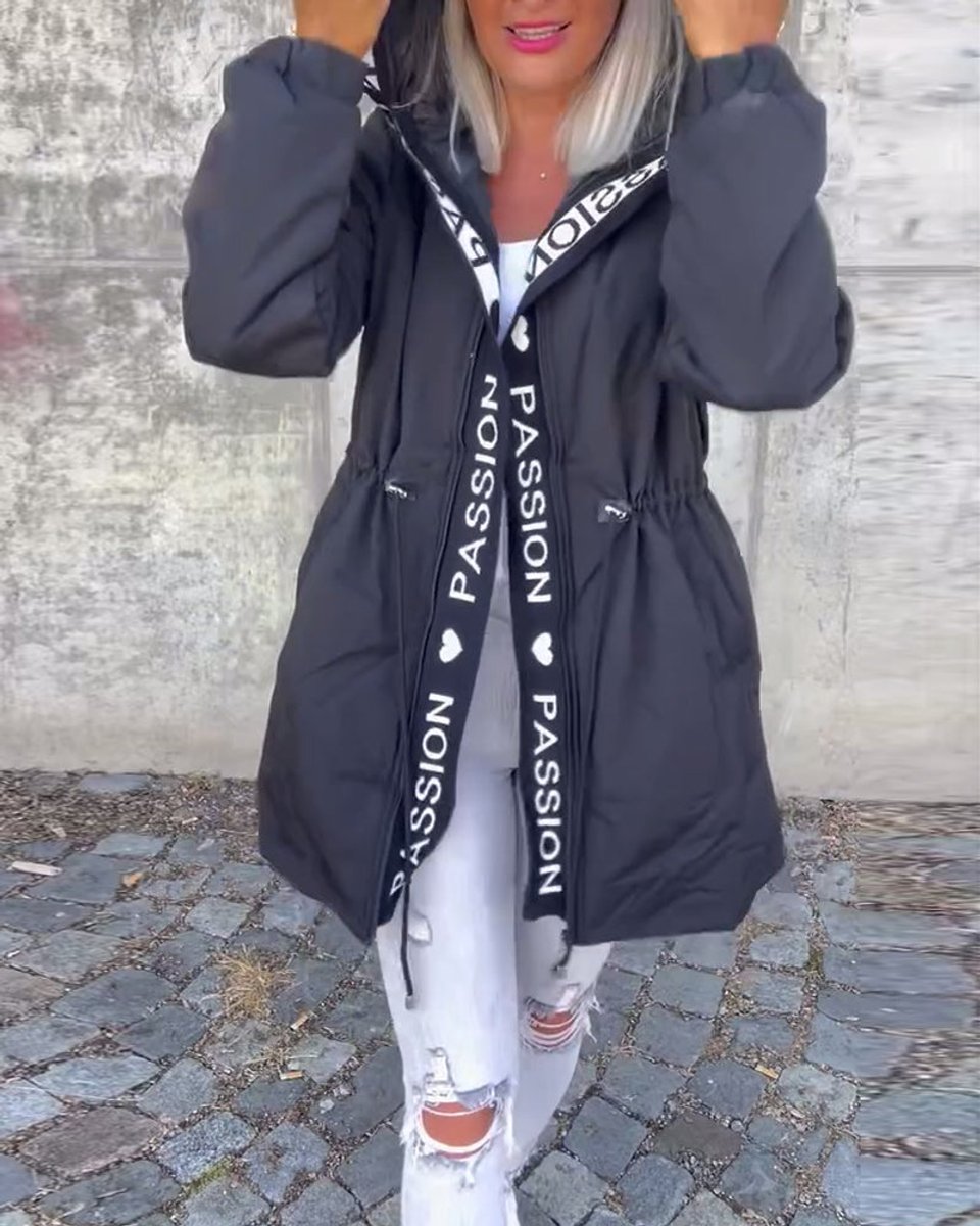 Damen Kapuzenmantel Lässiger Women Coat mit Tunnelzug Mittellang - Schwarz
