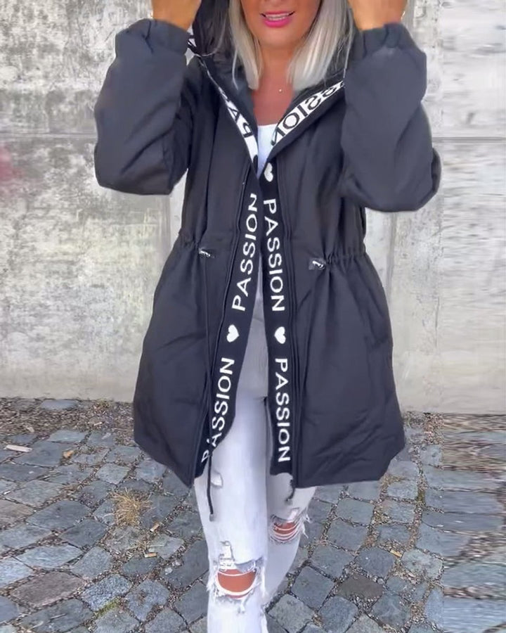 Damen Kapuzenmantel Lässiger Women Coat mit Tunnelzug Mittellang - Schwarz