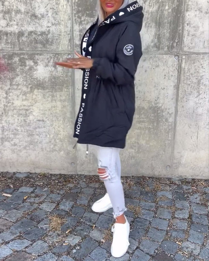 Damen Kapuzenmantel Lässiger Women Coat mit Tunnelzug Mittellang