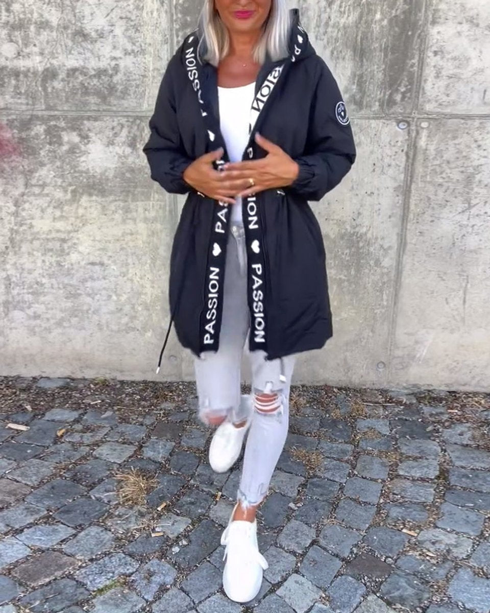 Damen Kapuzenmantel Lässiger Women Coat mit Tunnelzug Mittellang