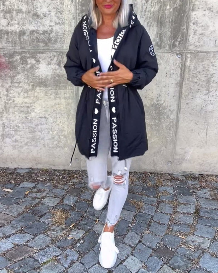 Damen Kapuzenmantel Lässiger Women Coat mit Tunnelzug Mittellang
