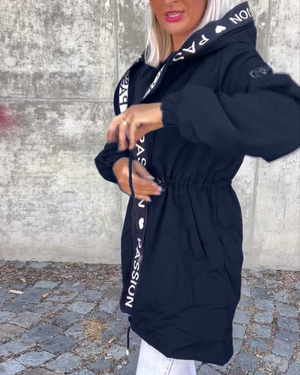 Damen Kapuzenmantel Lässiger Women Coat mit Tunnelzug Mittellang
