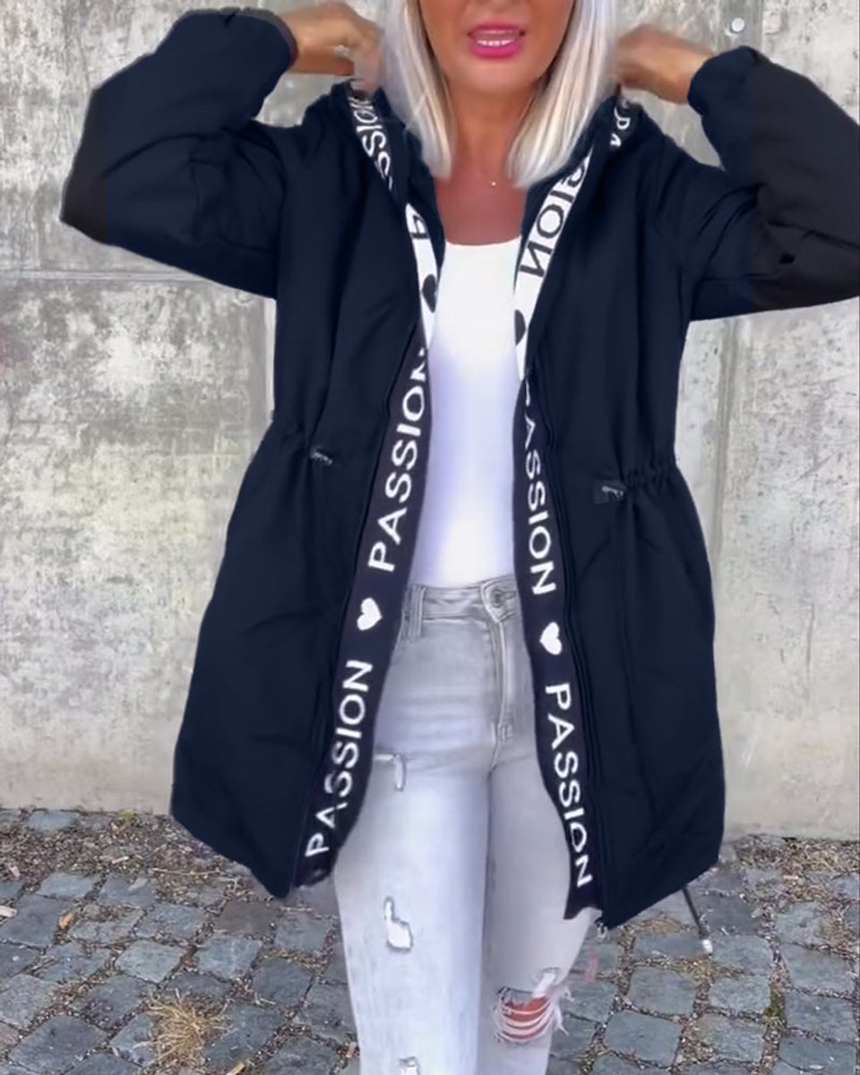 Damen Kapuzenmantel Lässiger Women Coat mit Tunnelzug Mittellang